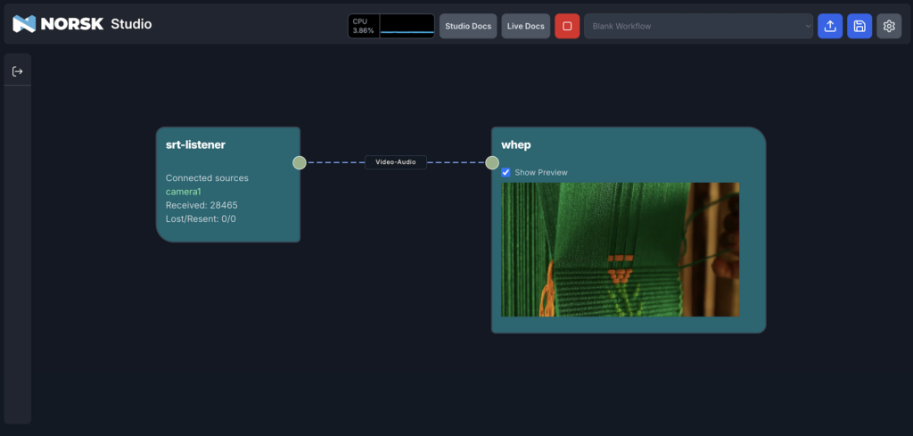 SRT to WHEP/WebRTC workflow in Norsk Studio.